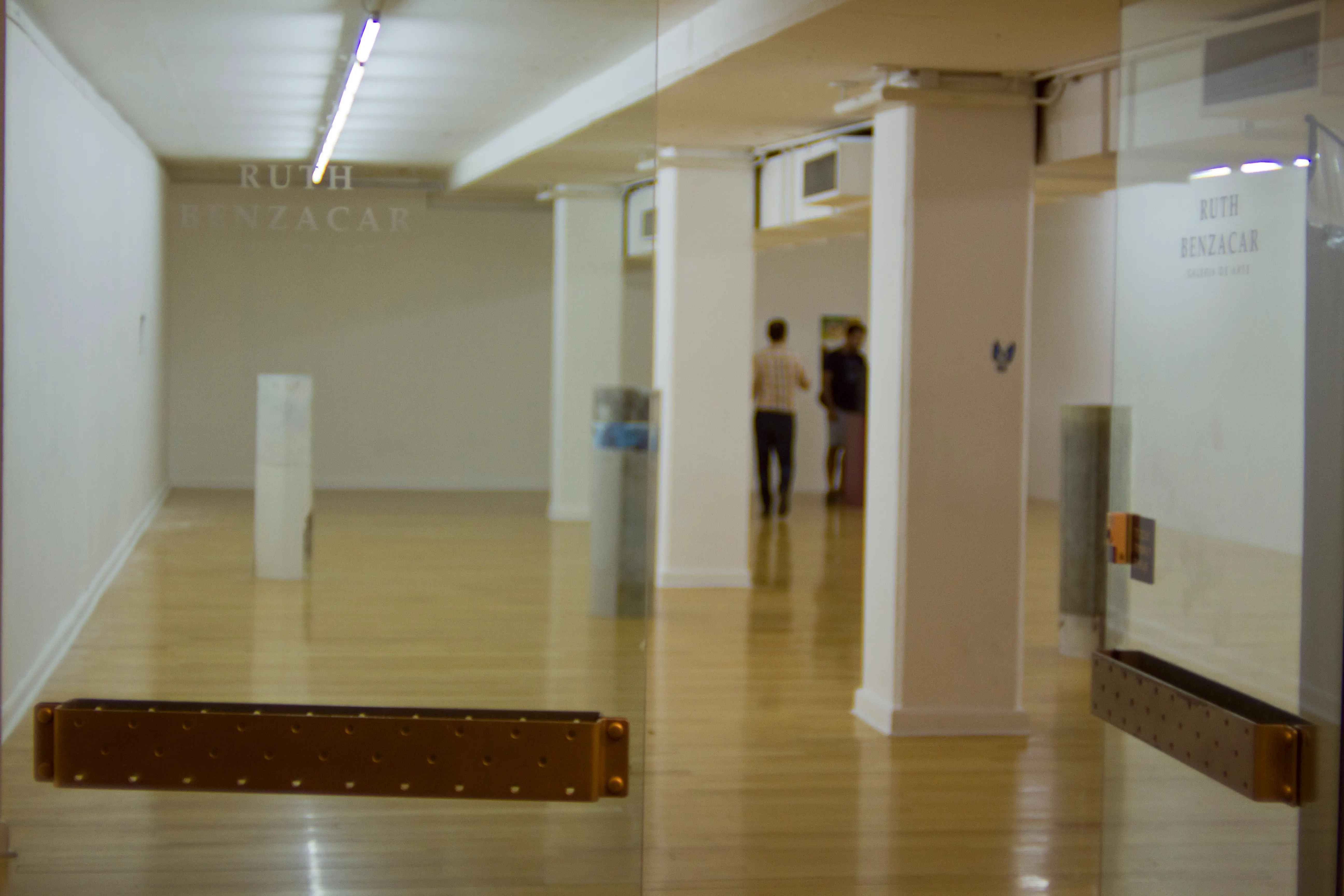 Installation view, from behind the glass door from the gallery